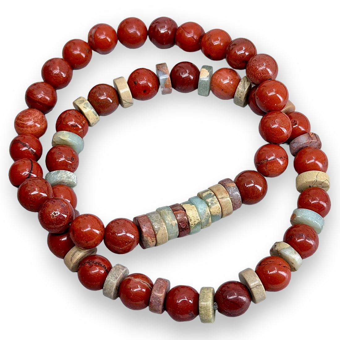 2 Bracelets: Red Jasper + Aqua Terra Beads - Red Jasper 8mm