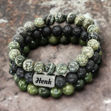 Men's Set: 3 Beaded Bracelets - Zebra Stone - Lava Rock - Natural Jade