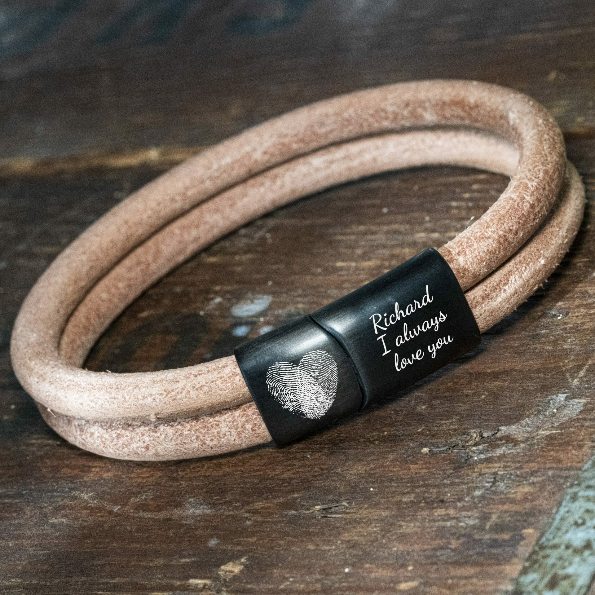 Double light leather bracelet with Fingerprint Heart engraving