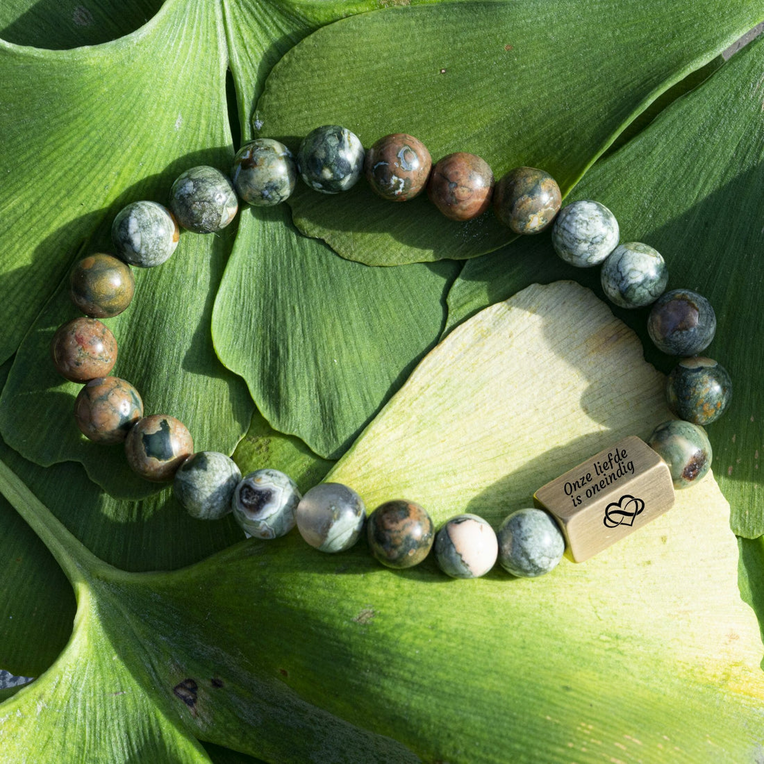 Grüner Spatzenachat – Perlenarmband „Unsere Liebe ist unendlich“