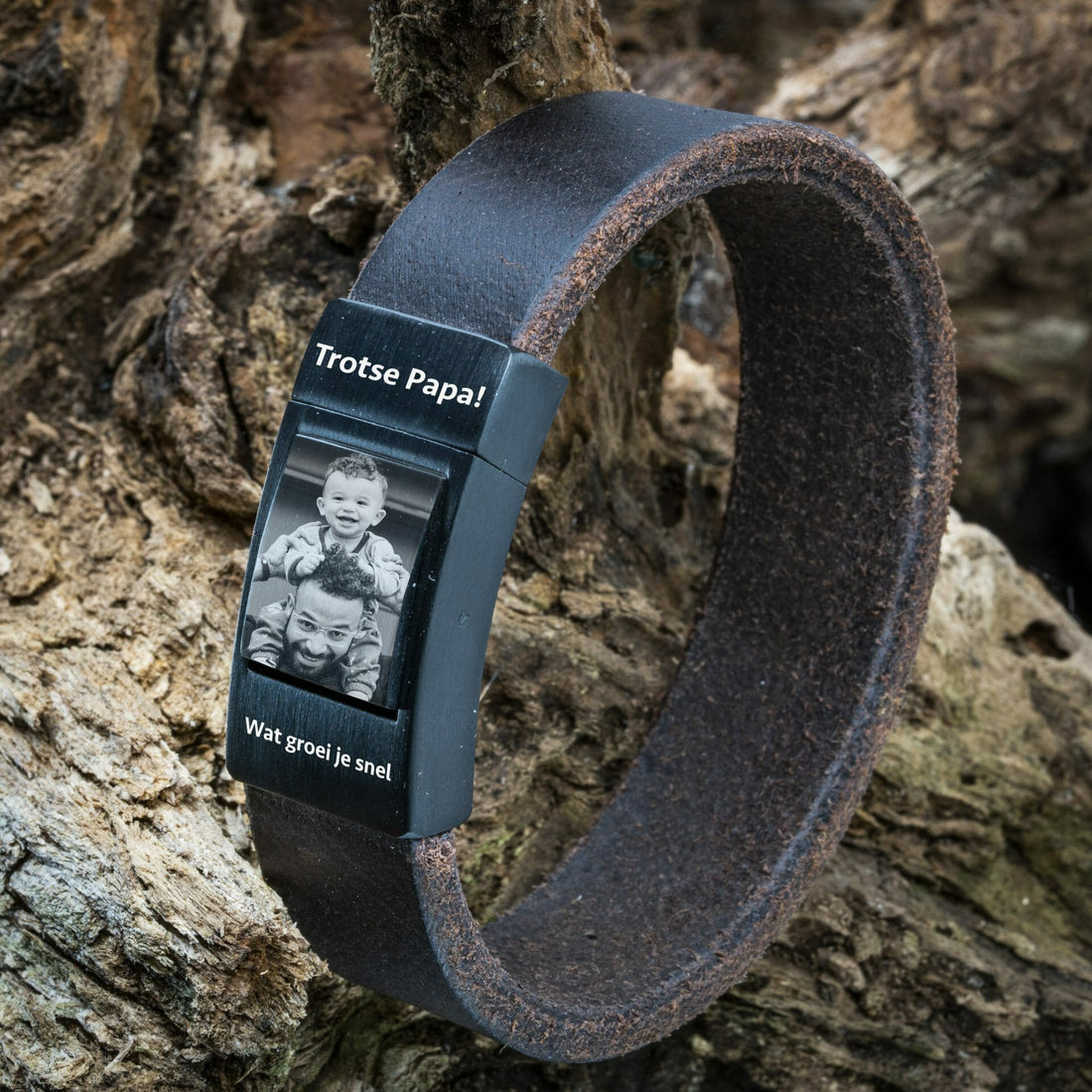 Eigenes Foto am Armband – Geflochtenes schwarzes Lederarmband mit Fotodruck