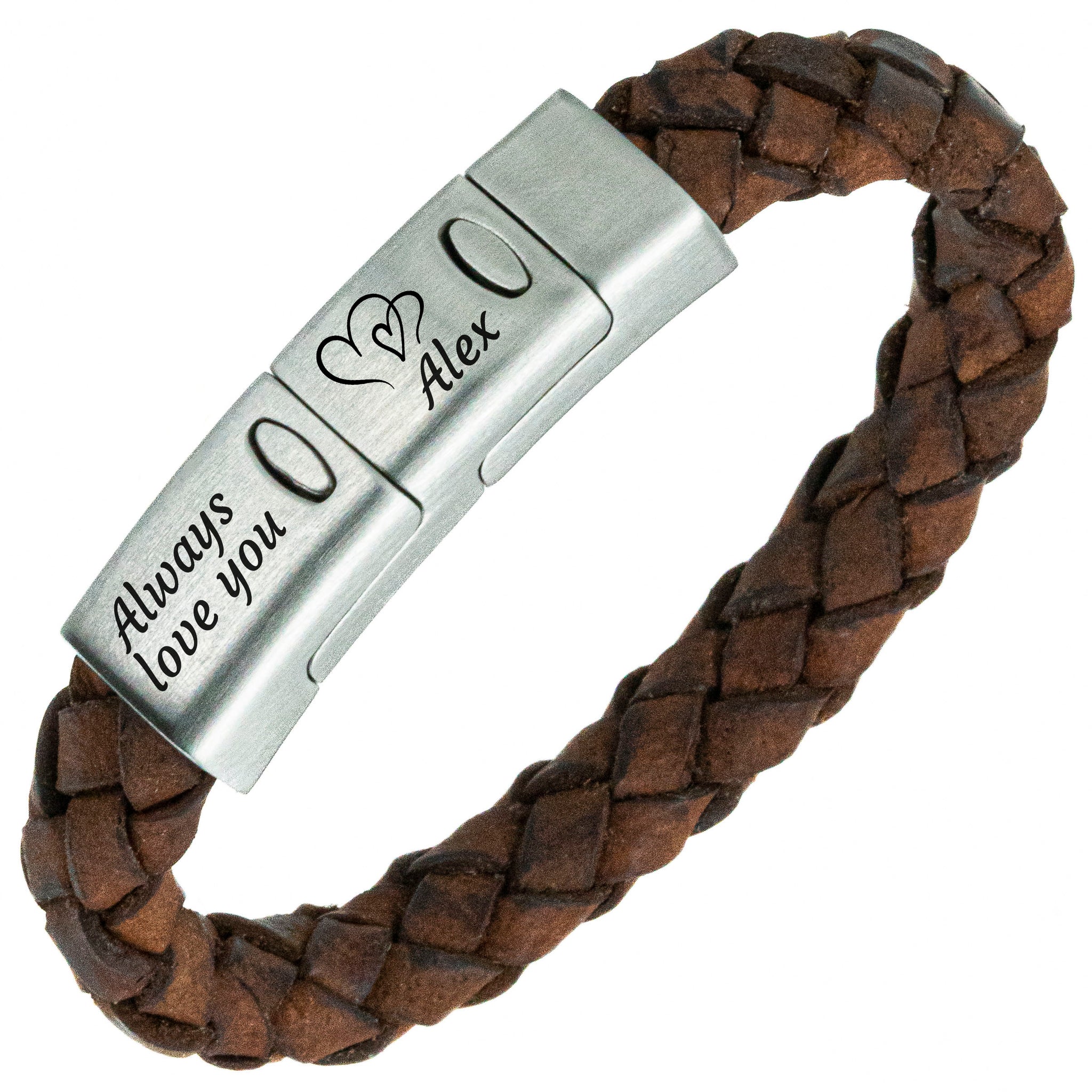 Engraving Triple bracelet + Braided brown leather strap with Hearts