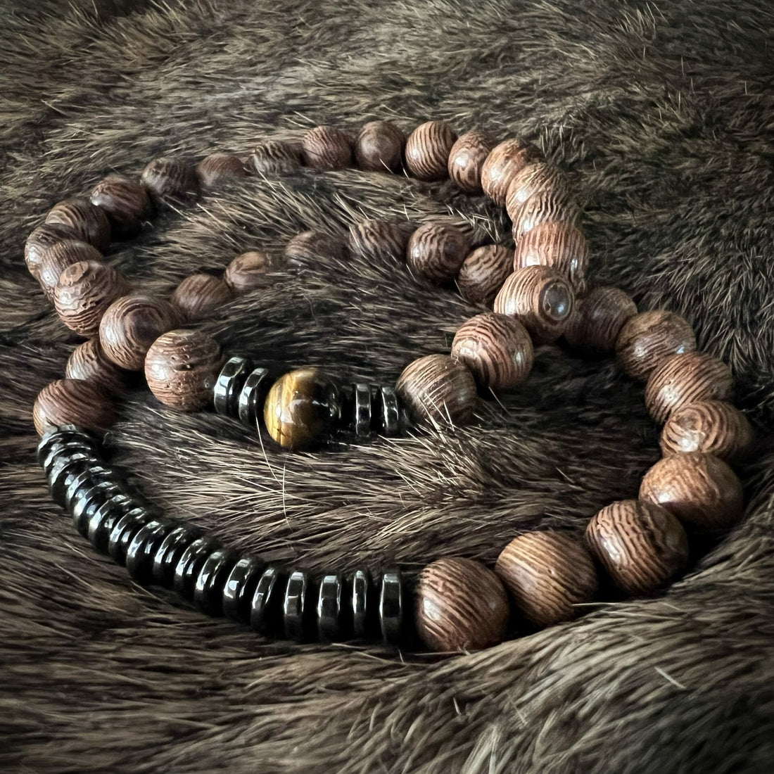 2 wooden beaded bracelets with Tiger's eye