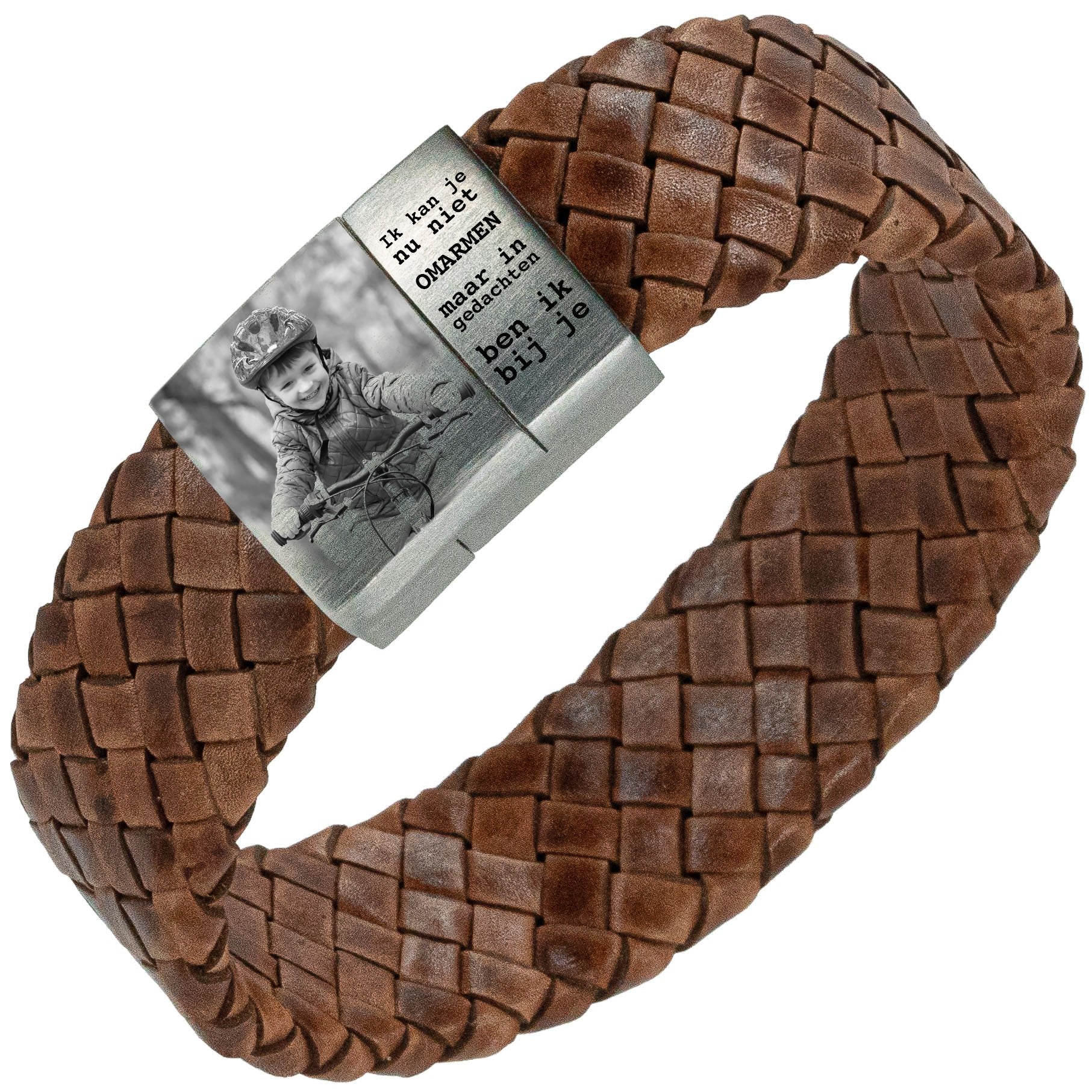 Photo bracelet with your own image - brown Braided leather bracelet with photo engraving