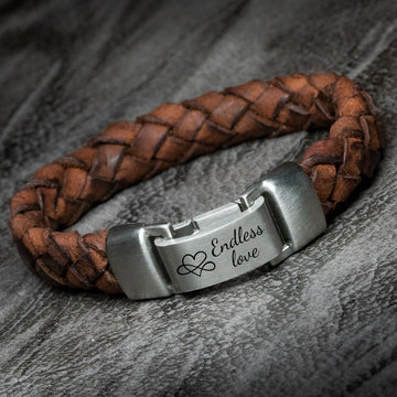 Engravable bracelet + Braided brown leather strap 'Endless Love'
