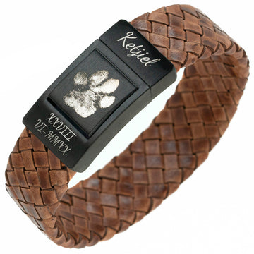 Armband mit Pfotenabdruck - Geflochtenes braunes Leder (Hund oder Katze)